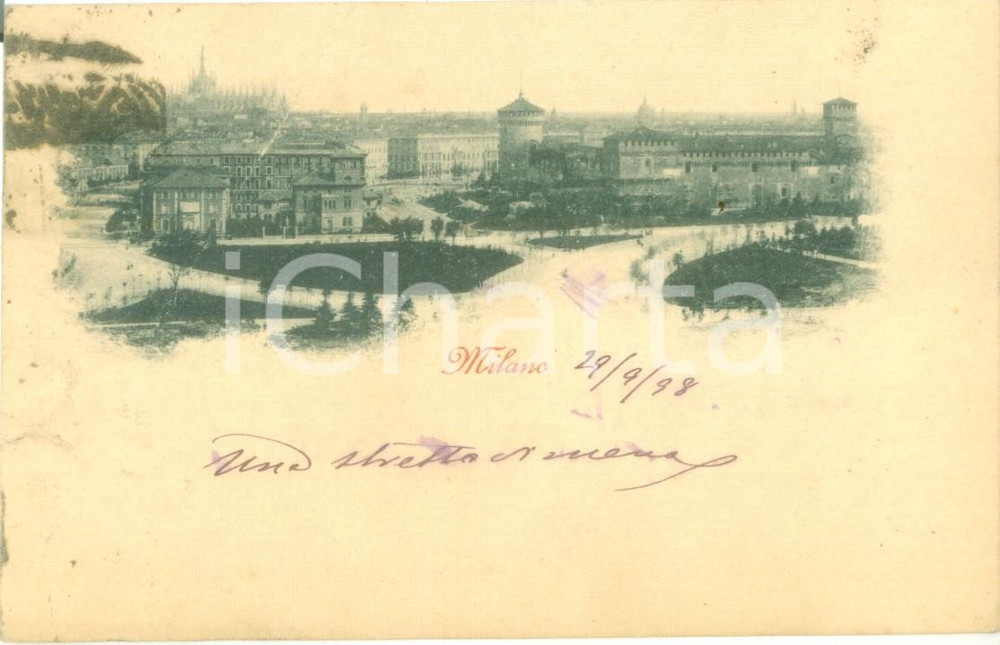 Cartolina originale da collezione 1898 MILANO Panorama con castello Sforzesco Cartolina FP VG 1