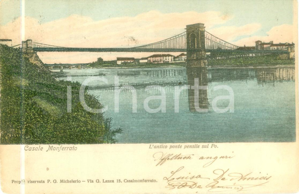 Cartolina originale da collezione 1905 CASALE MONFERRATO AL Antico ponte pensile sul PO Cartolina FP VG 1