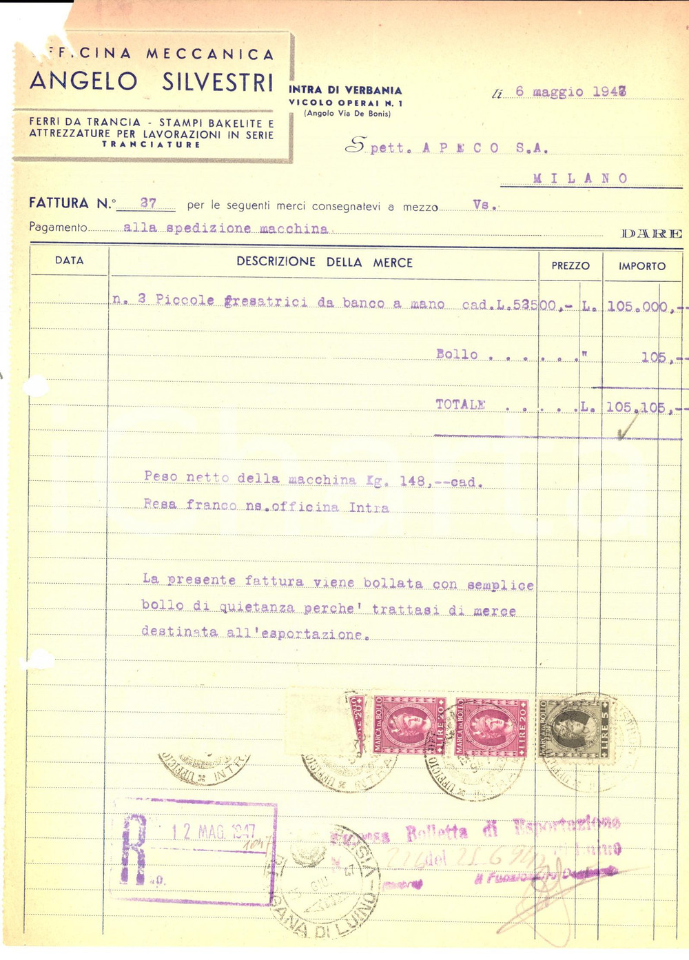 Documento originale, autentico 1947 VERBANIA INTRA Officina meccanica Angelo SILVESTRI Fattura con bolli 1
