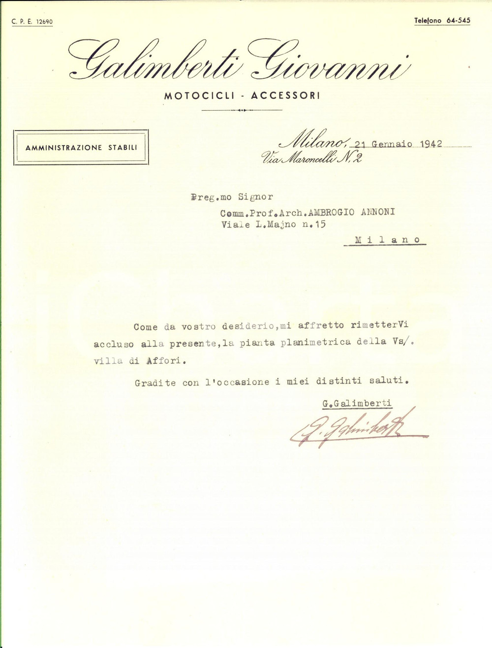 Documento originale, autentico 1942 MILANO Giovanni GALIMBERTI Motocicli  accessori Lettera carta intestata 1