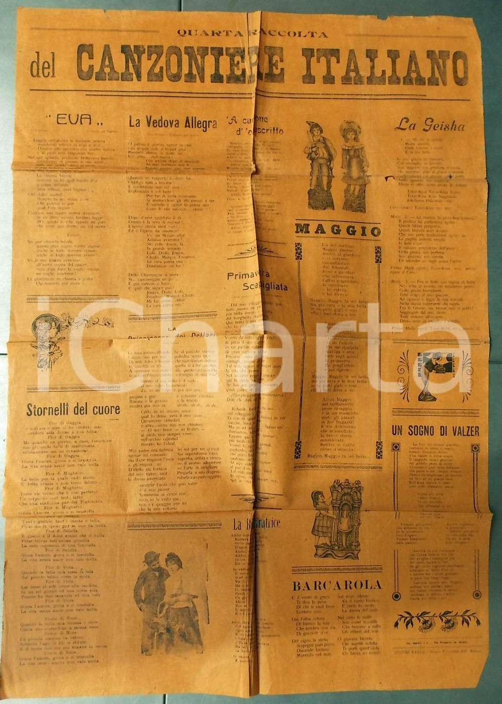 Materiale pubblicitario d’epoca 1910 ca CANZONIERE ITALIANO Quarta raccolta  testi Manifesto 47x70 DANNEGGIATO 1