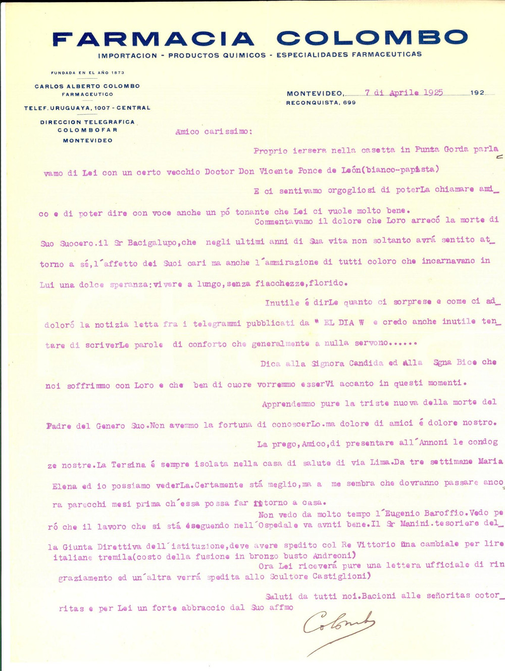 Manoscritto, lettera originale 1925 MONTEVIDEO Uruguay Farmacia Carlo Alberto COLOMBO  Lettera privata 1