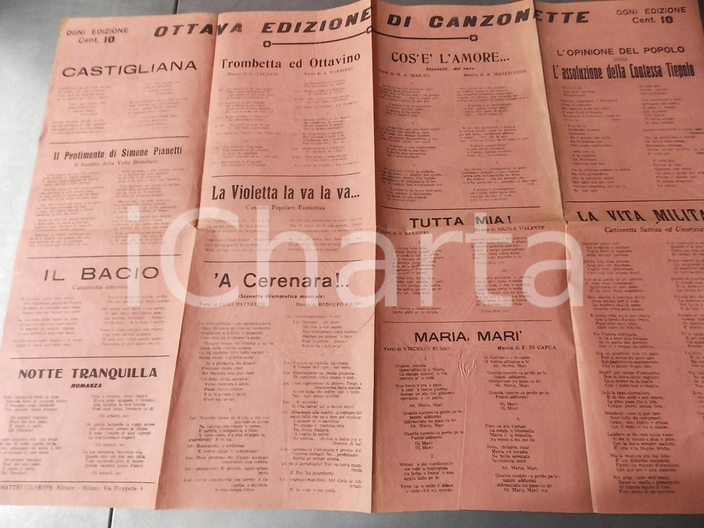 Materiale pubblicitario d’epoca 1910 ca CANZONETTE Ottava edizione  testi Manifesto 65x47 ed. Giuseppe MATTEI 1