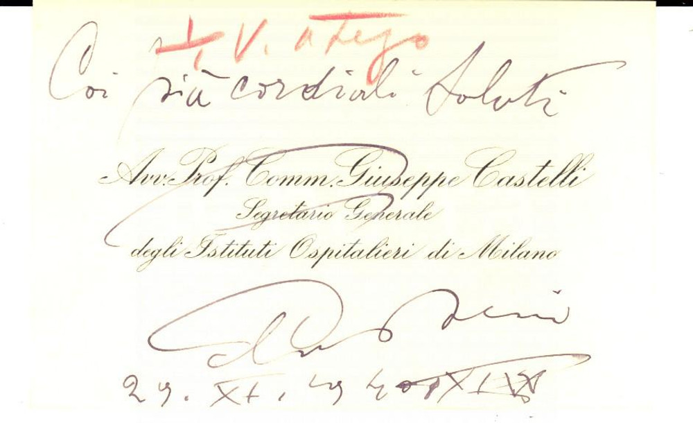 Oggetto da collezione cartaceo 1940 MILANO Giuseppe CASTELLI Segretario Istituti Ospitalieri Biglietto visita 1