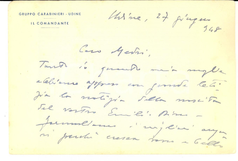Oggetto da collezione cartaceo 1948 UDINE Gruppo CARABINIERI Biglietto augurale del comandante 1