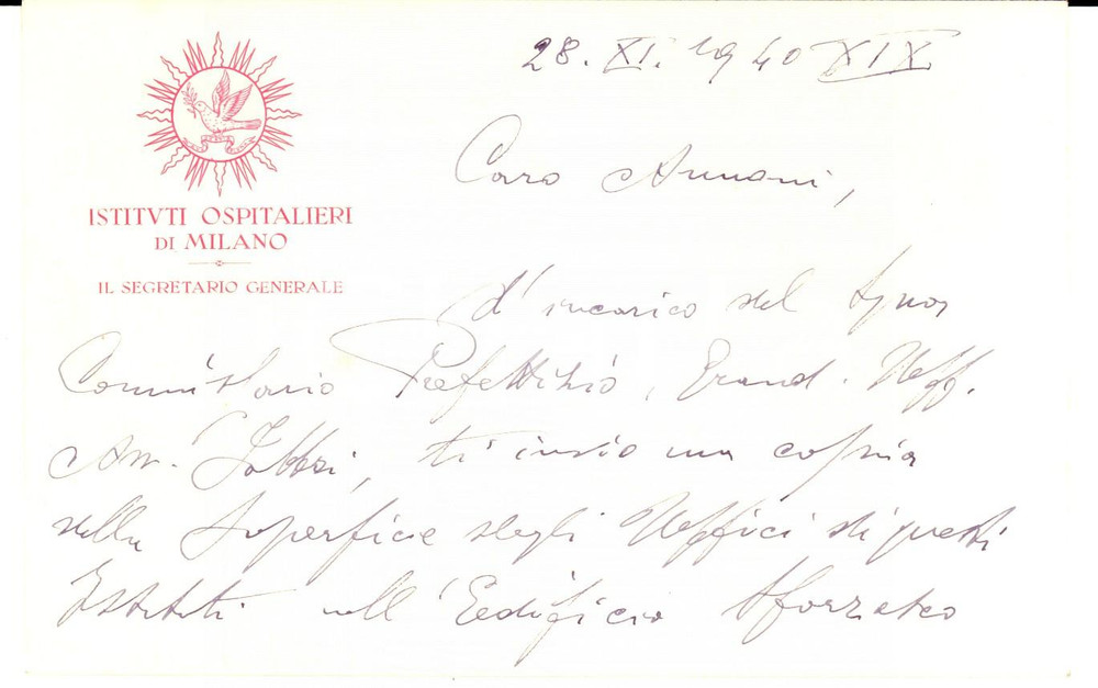 Oggetto da collezione cartaceo 1940 MILANO Giuseppe CASTELLI Istituti Ospitalieri  Biglietto intestato 1