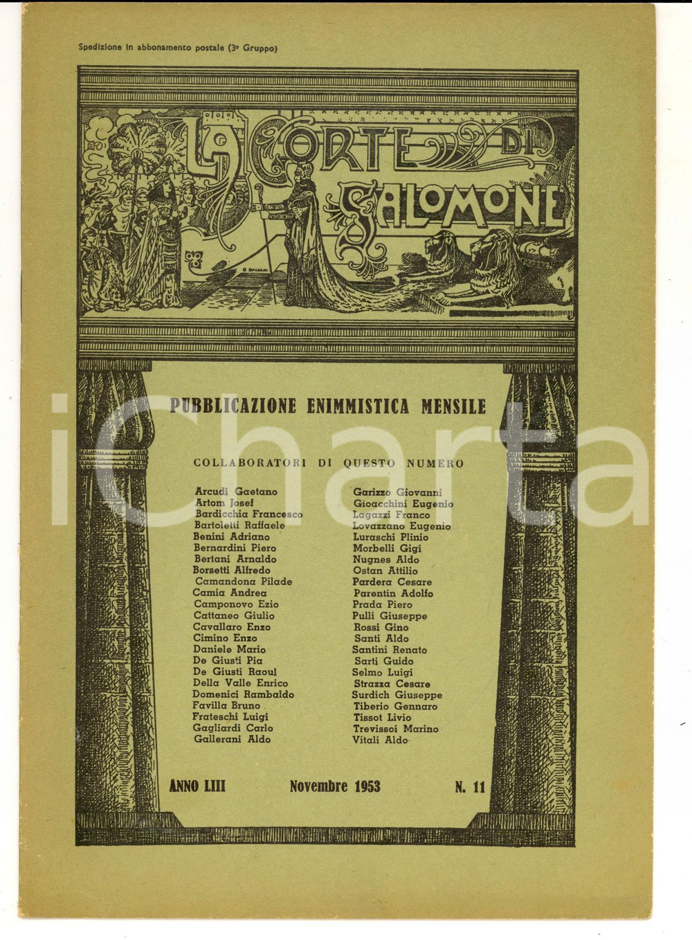 Giornale, rivista storica 1953 LA CORTE DI SALOMONE Pubblicazione enimmistica mensile Anno LIII nÂ°11 1