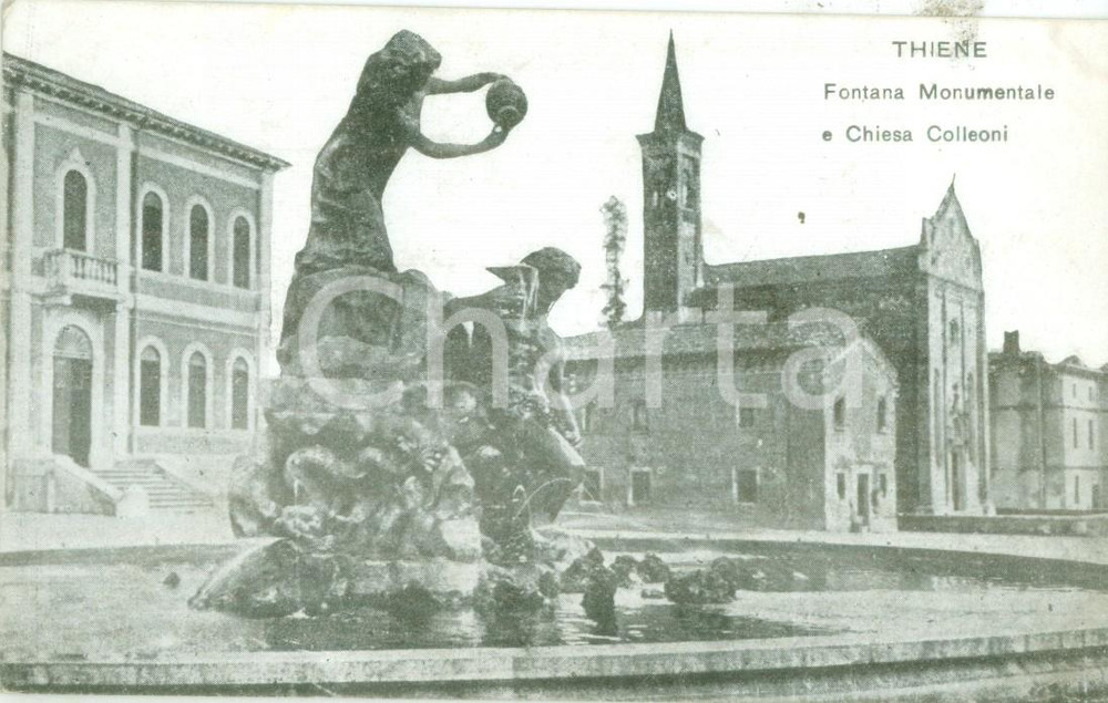 Cartolina originale da collezione 1920 ca THIENE VI Fontana monumentale e Chiesa COLLEONI Cartolina FP NV 1