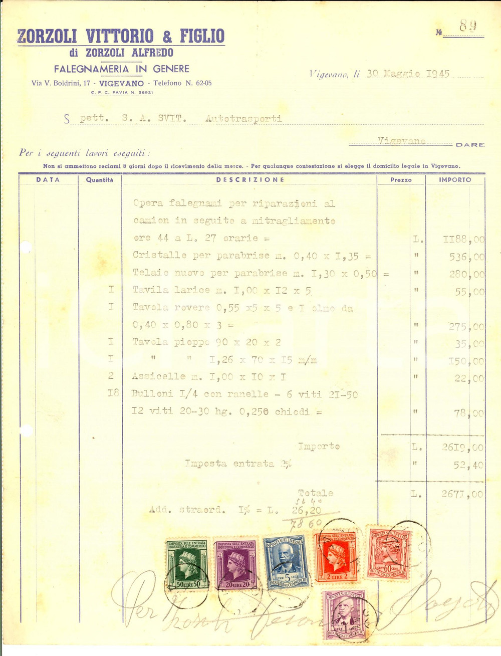 Documento originale, autentico 1945 VIGEVANO PV Vittorio ZORZOLI & Figlio  Falegnameria Fattura con bolli 1