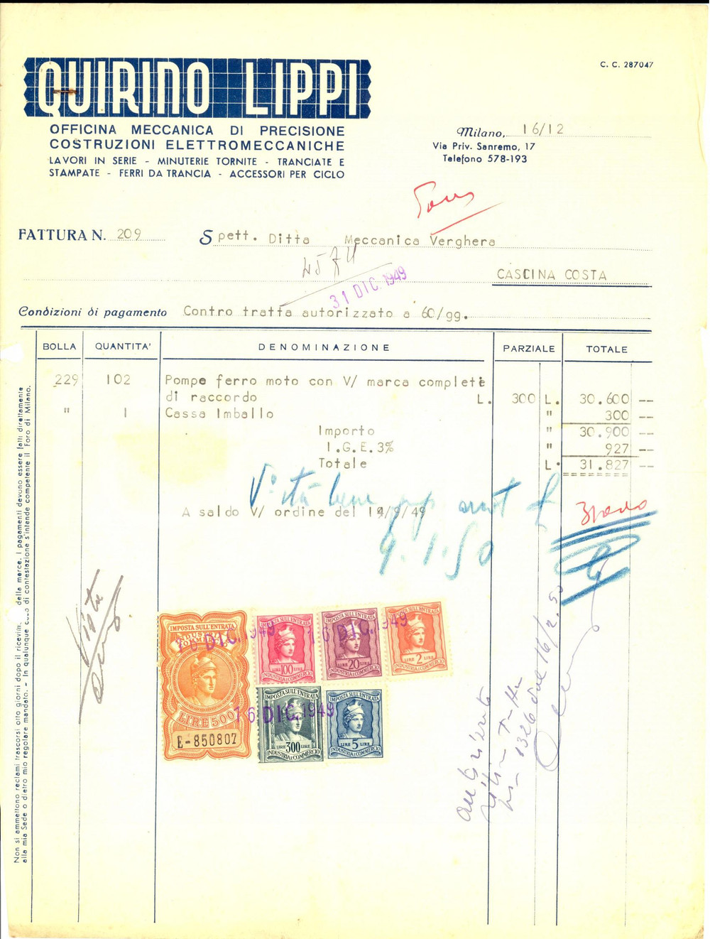 Documento originale, autentico 1949 MILANO Officina meccanica di precisione Quirino LIPPI Fattura con bolli 1