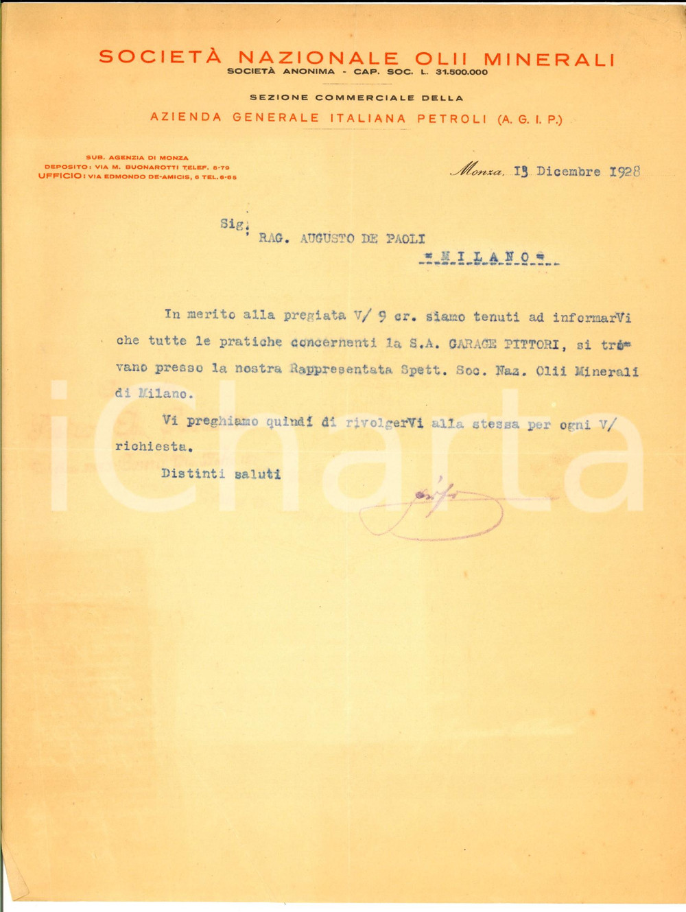 Documento originale, autentico 1928 MONZA SocietÃ  Nazionale Olii Minerali  AGIP  Lettera commerciale 1