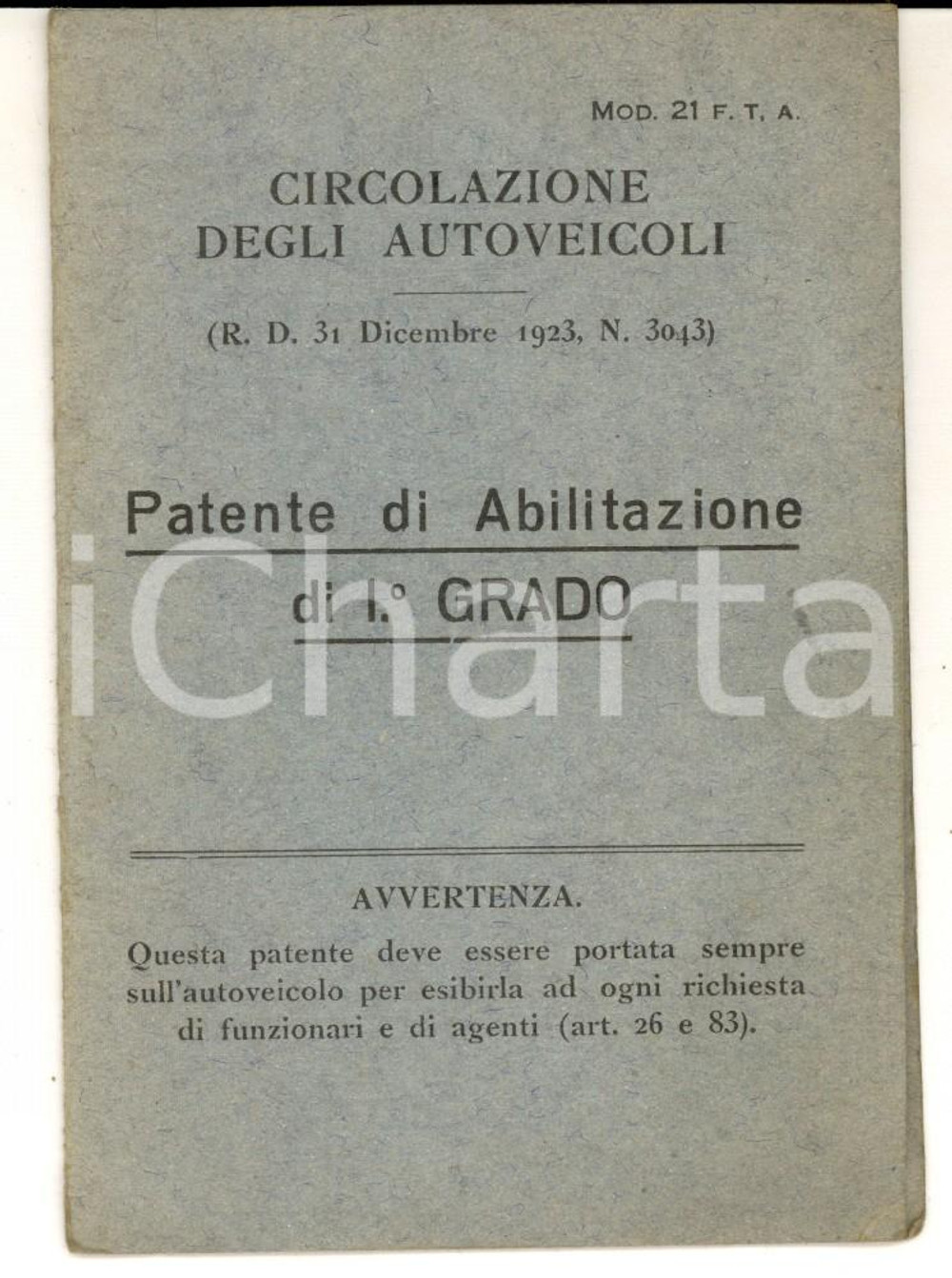 Documento originale, autentico 1925 SAGLIANO MICCA BI Patente di Osvaldo FORNARA abilitazione iÂ° grado 1