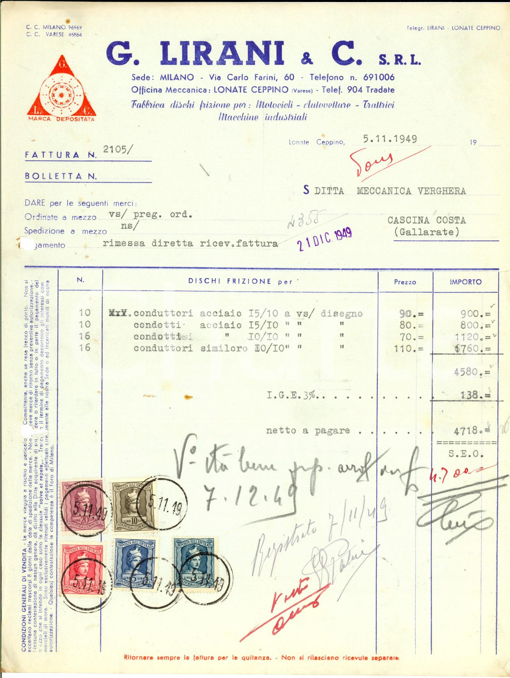 Documento originale, autentico 1949 LONATE CEPPINO Ditta G. LIRANI  Officina meccanica Fattura con bolli 1