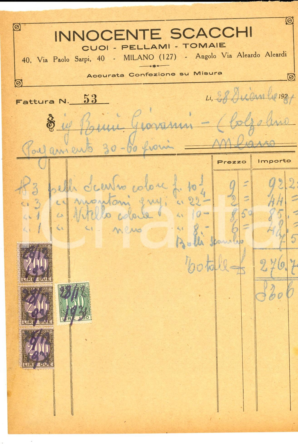 Documento originale, autentico 1931 MILANO Innocente SCACCHI cuoi  pellami  tomaie Fattura con bolli 1
