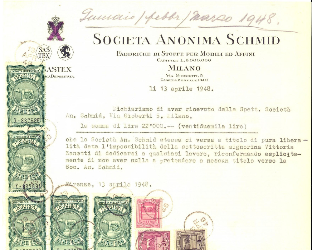 Documento originale, autentico 1948 MILANO SocietÃ  Anonima SCHMID Fabbriche di stoffe  Ricevuta con bolli 1