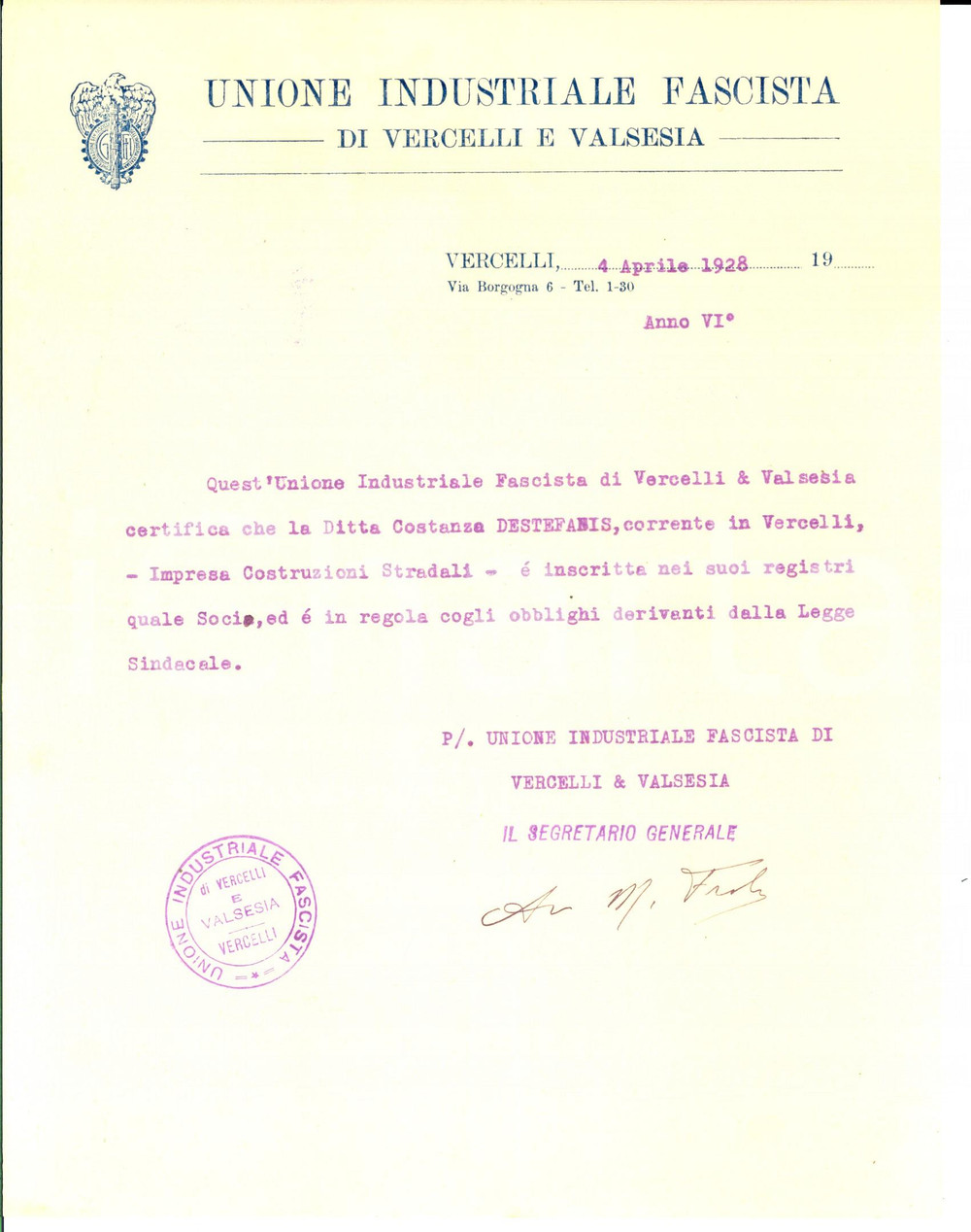 Documento originale, autentico 1928 VERCELLI Unione Industriale Fascista  Iscrizione ditta Costanza DESTEFANIS 1