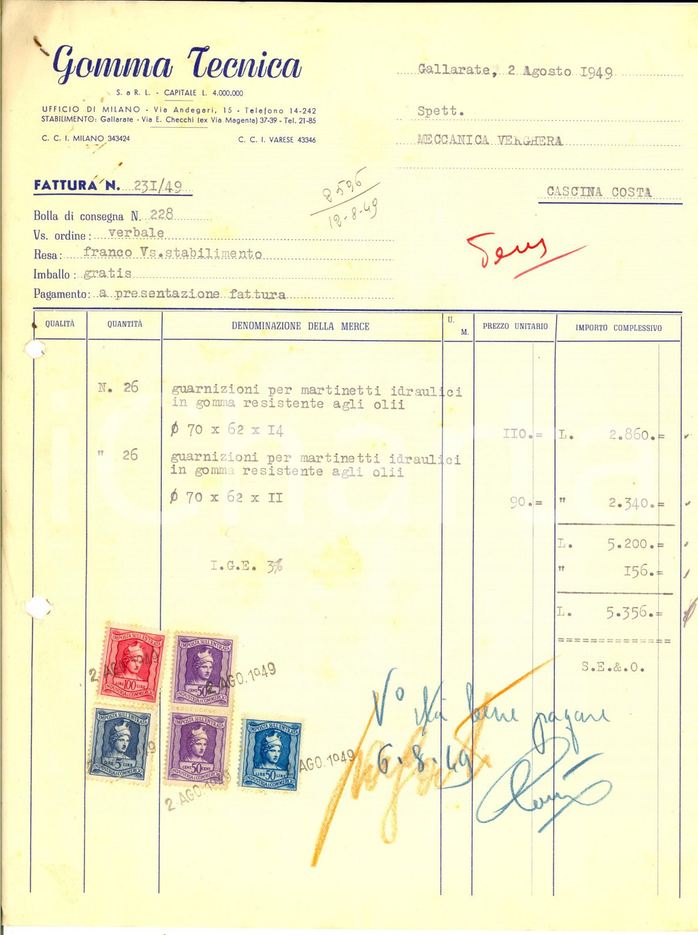 Documento originale, autentico 1949 GALLARATE VA Ditta GOMMA TECNICA Fattura guarnizioni BOLLI 1