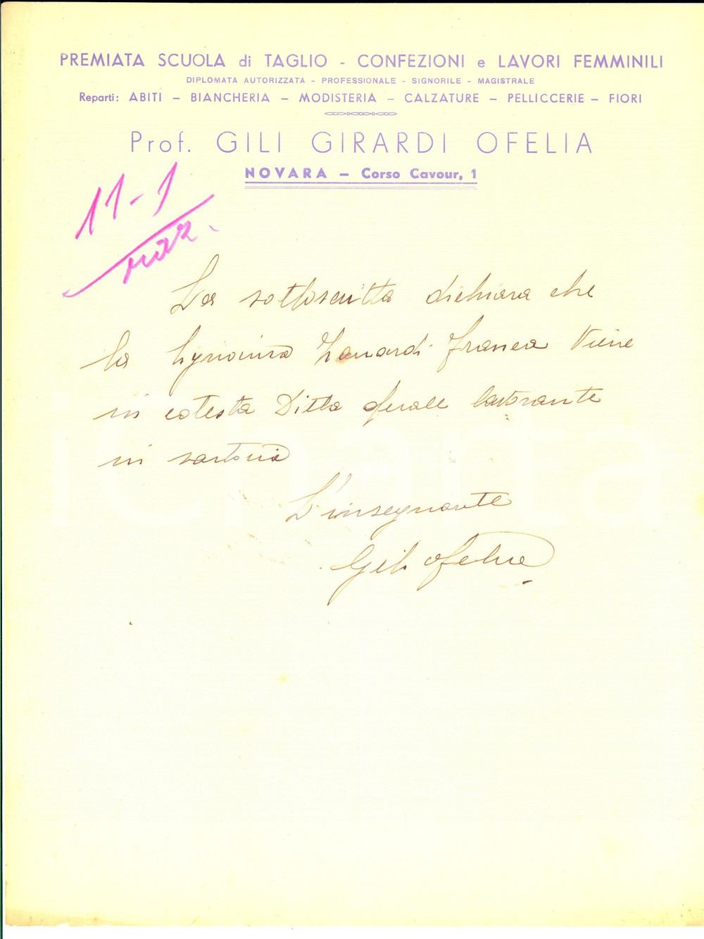Documento originale, autentico 1930 ca NOVARA Scuola di taglio Ofelia GILI GIRARDI  Certificato Franca ZANARDI 1
