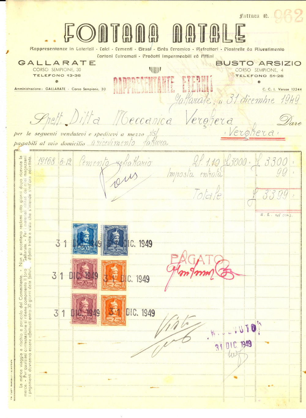 Documento originale, autentico 1949 BUSTO ARSIZIO VA Natale FONTANA Laterizi e cementi Fattura con bolli 1