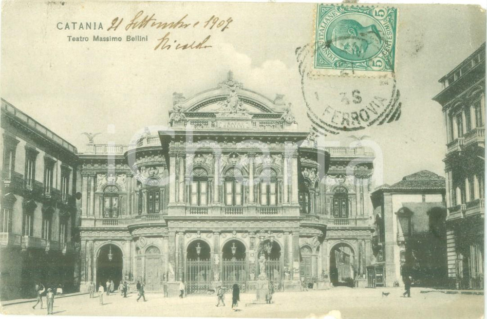Cartolina originale da collezione 1907 CATANIA Facciata del teatro Massimo BELLINI Cartolina ANIMATA FP VG 1