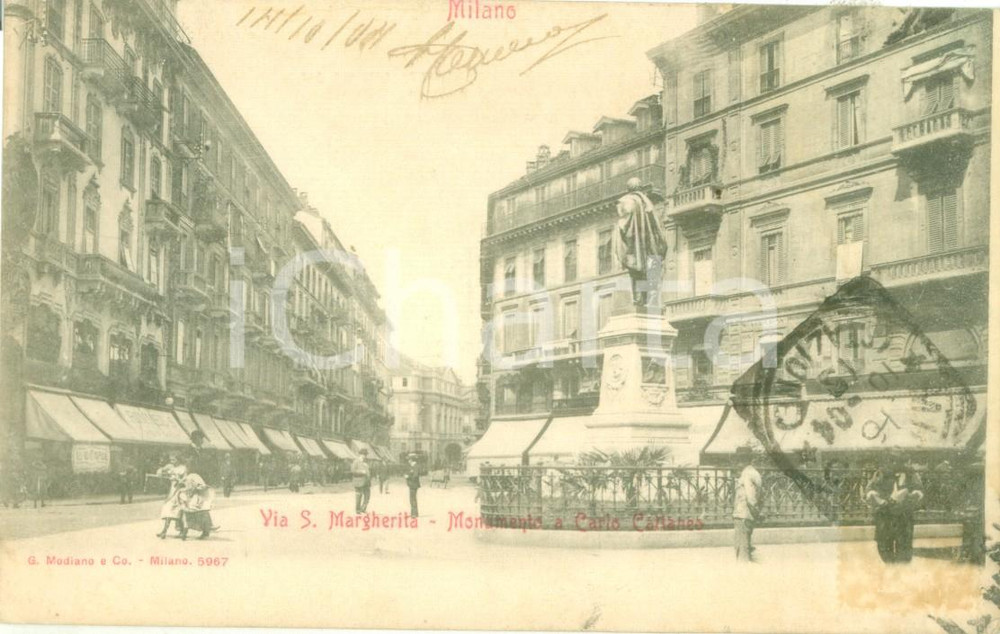 Cartolina originale da collezione 1904 MILANO Monumento a Carlo CATTANEO in Via Santa Margherita Cartolina FP vg 1
