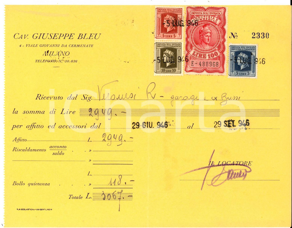 Documento originale, autentico 1946 MILANO Cav. Giuseppe BLEU  Ricevuta per affitto  BOLLI 1
