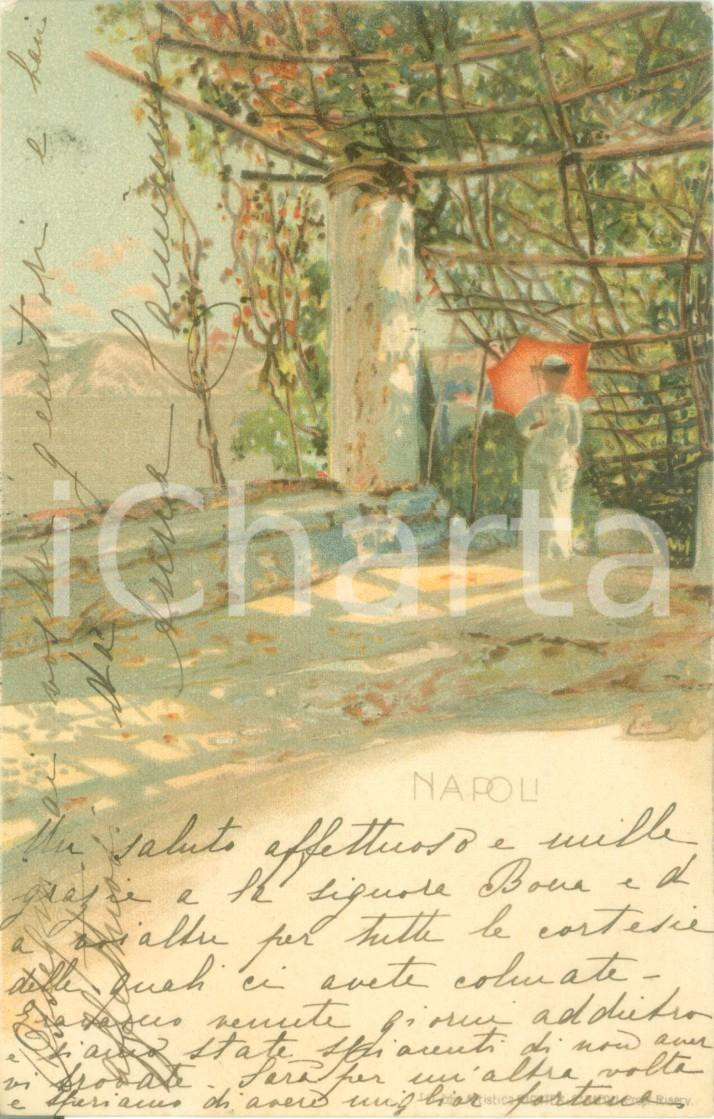 Cartolina originale da collezione 1908 NAPOLI Gentildonna con ombrellino su terrazza Cartolina ILLUSTRATA FP VG 1