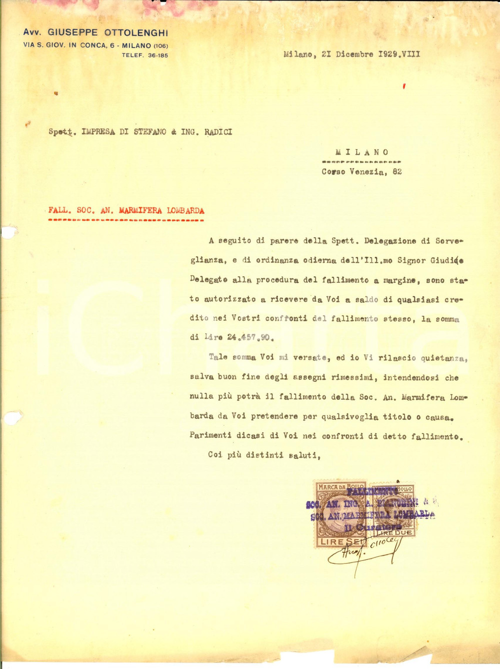 Documento originale, autentico 1929 MILANO Avv. Giuseppe OTTOLENGHI su fallimento MARMIFERA LOMBARDA 1