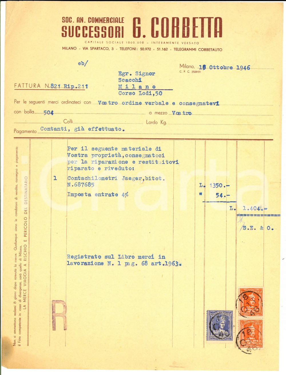 Documento originale, autentico 1946 MILANO SocietÃ  Commerciale successori CORBETTA  Fattura contachilometri 1