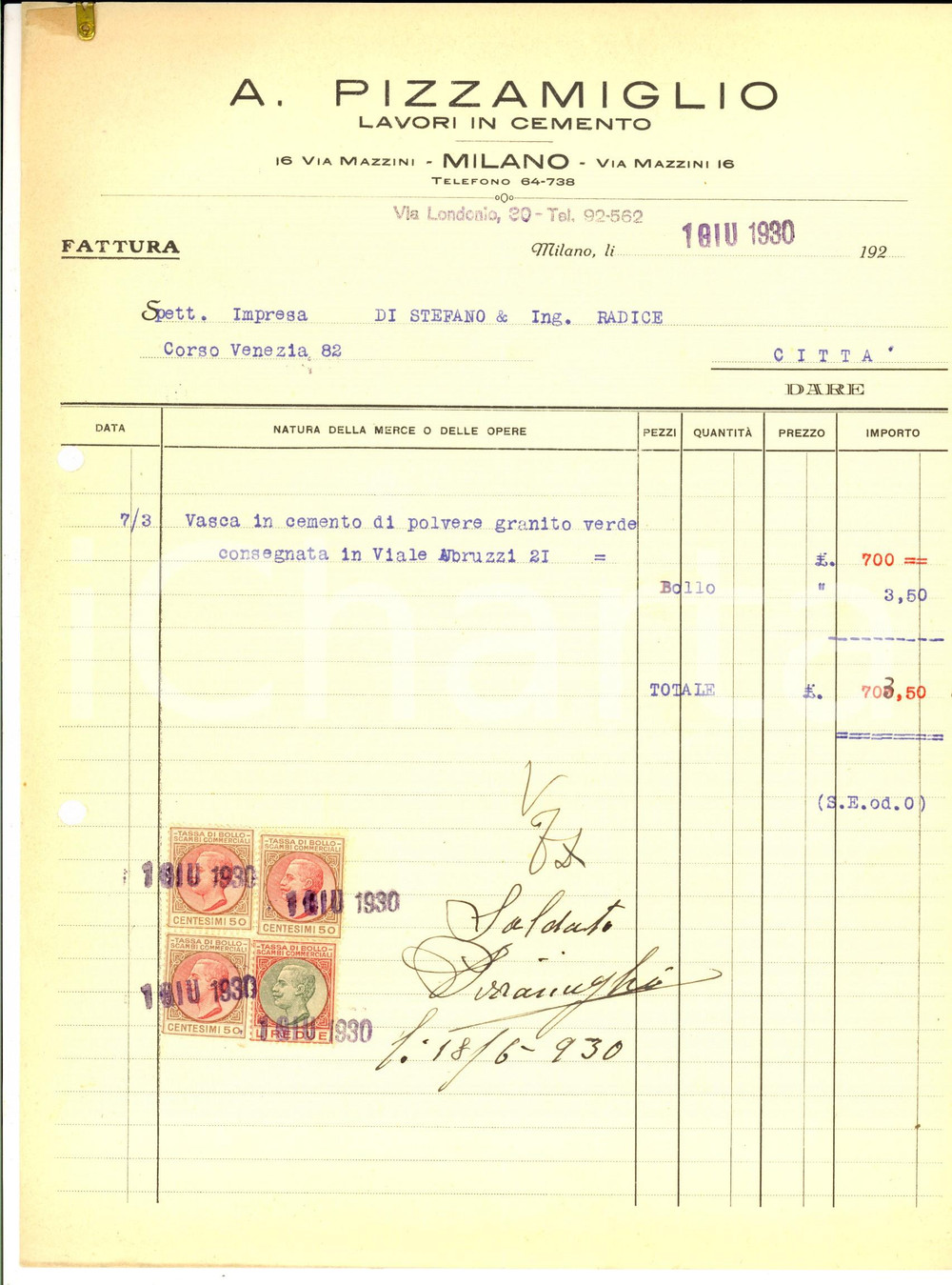 Documento originale, autentico 1930 MILANO Ditta A. PIZZAMIGLIO  Lavori in cemento Fattura con bolli 1