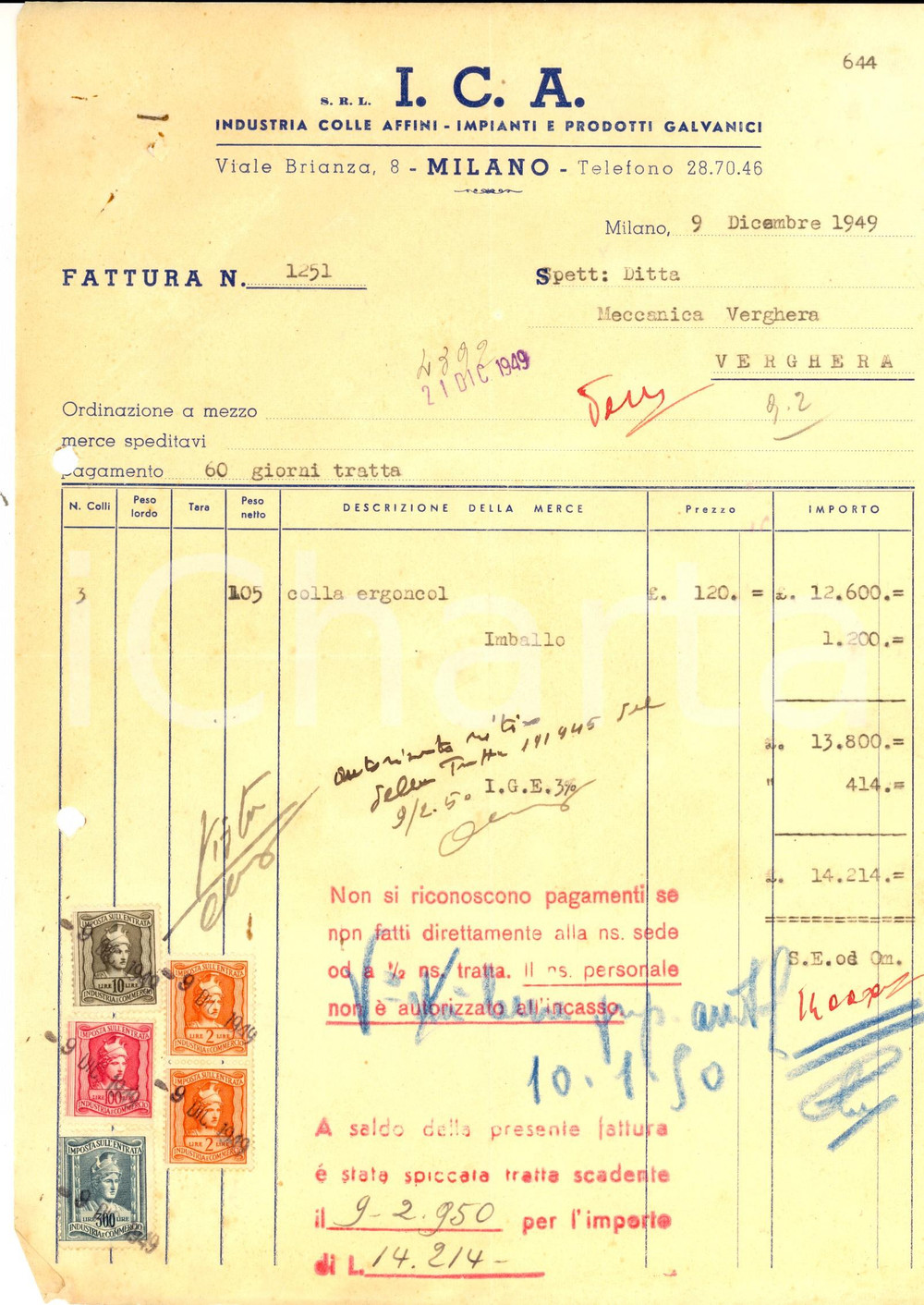 Documento originale, autentico 1949 MILANO Ditta I.C.A. Industria Colle Affini  Fattura intestata con bolli 1