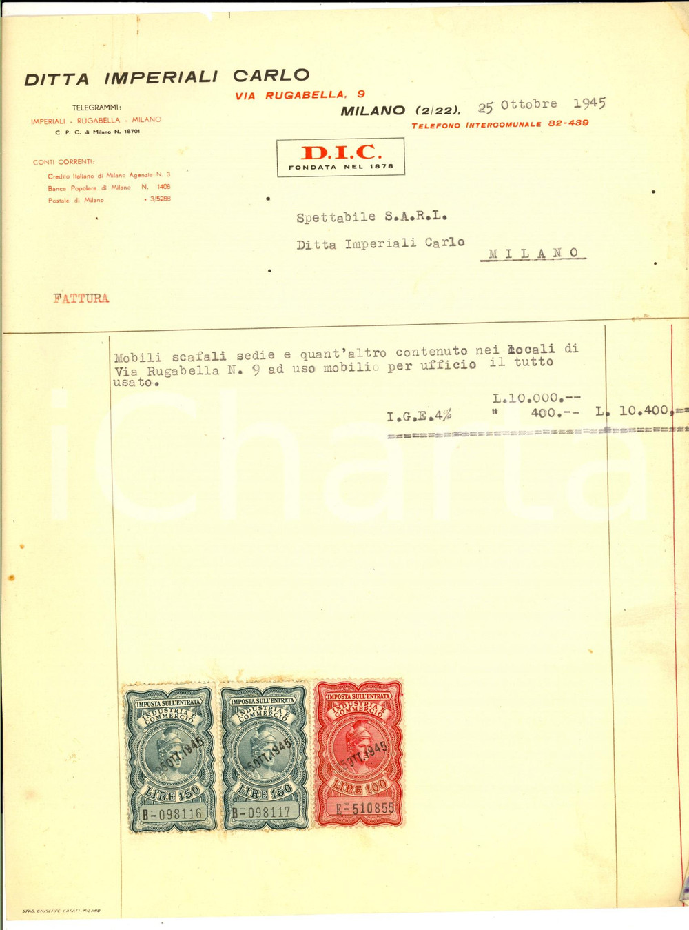 Documento originale, autentico 1945 MILANO Ditta Carlo IMPERIALI   Fattura per mobili Bolli 1