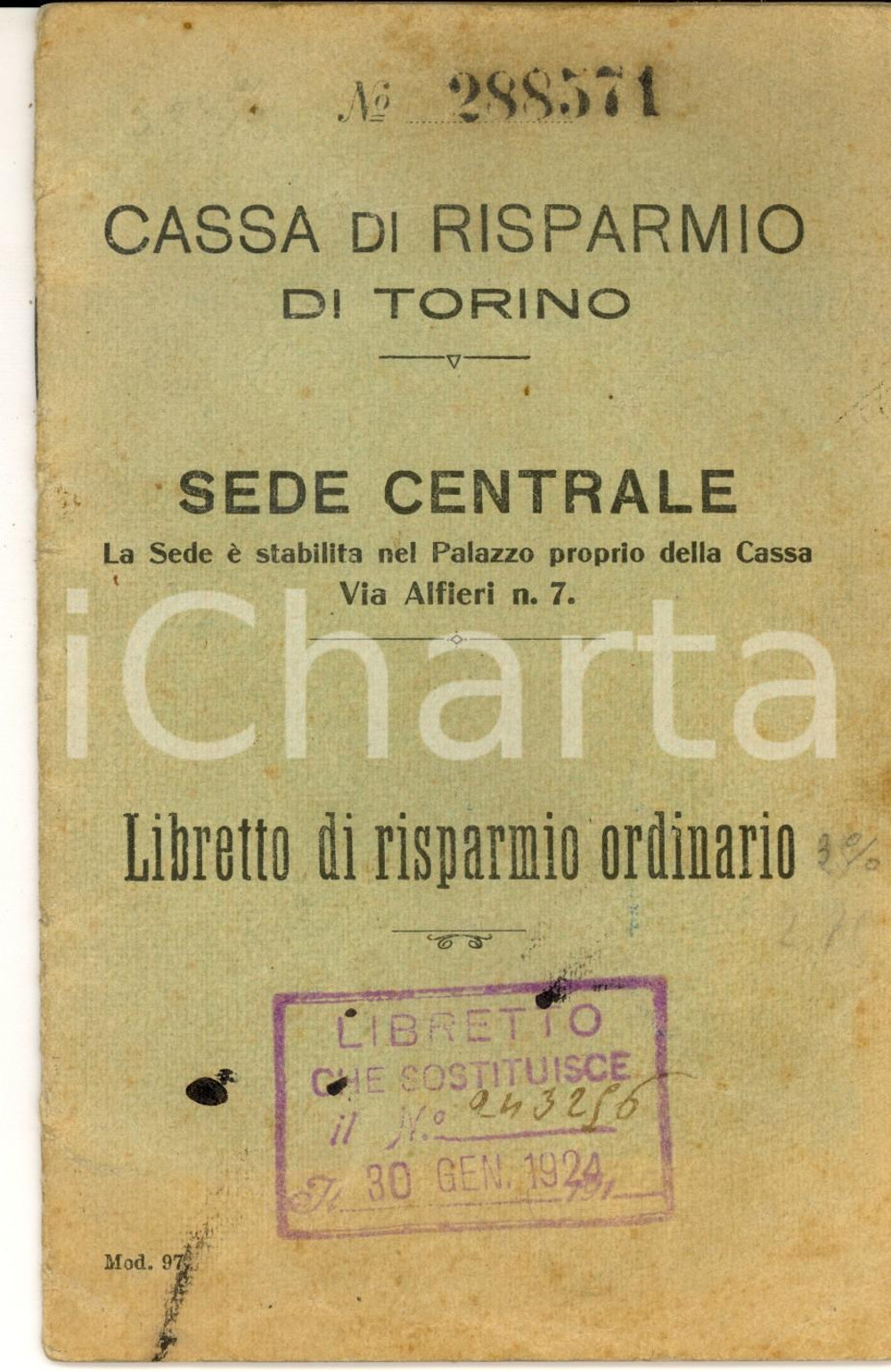Oggetto da collezione cartaceo 1924 Cassa di Risparmio di TORINO  Libretto di risparmio ordinario 1
