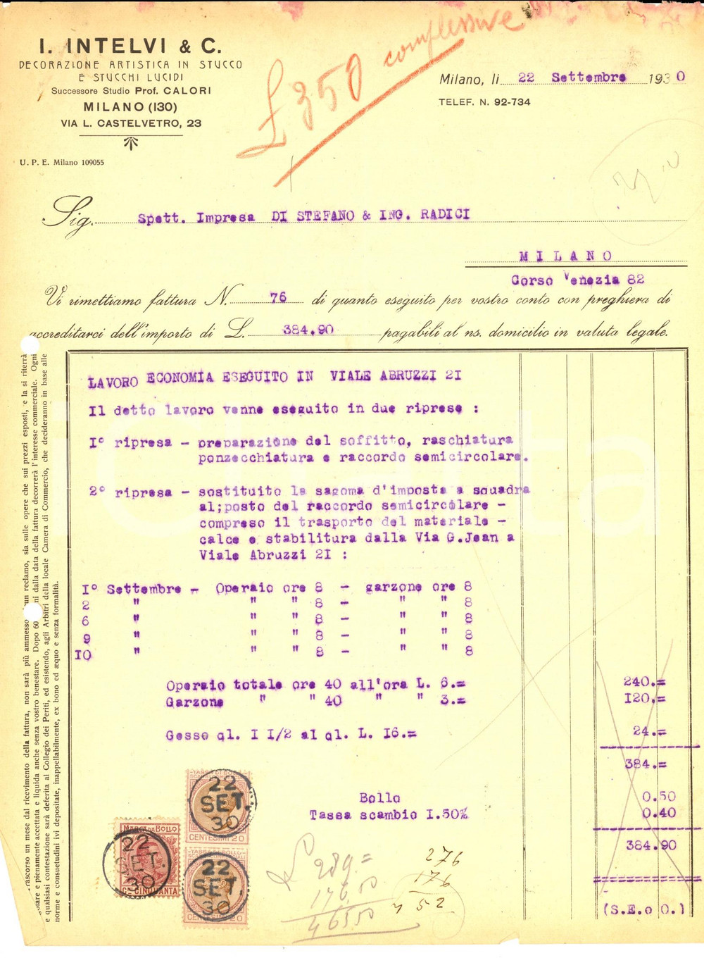 Documento originale, autentico 1930 MILANO Ditta INTELVI Decorazione in stucco Fattura con bolli 1
