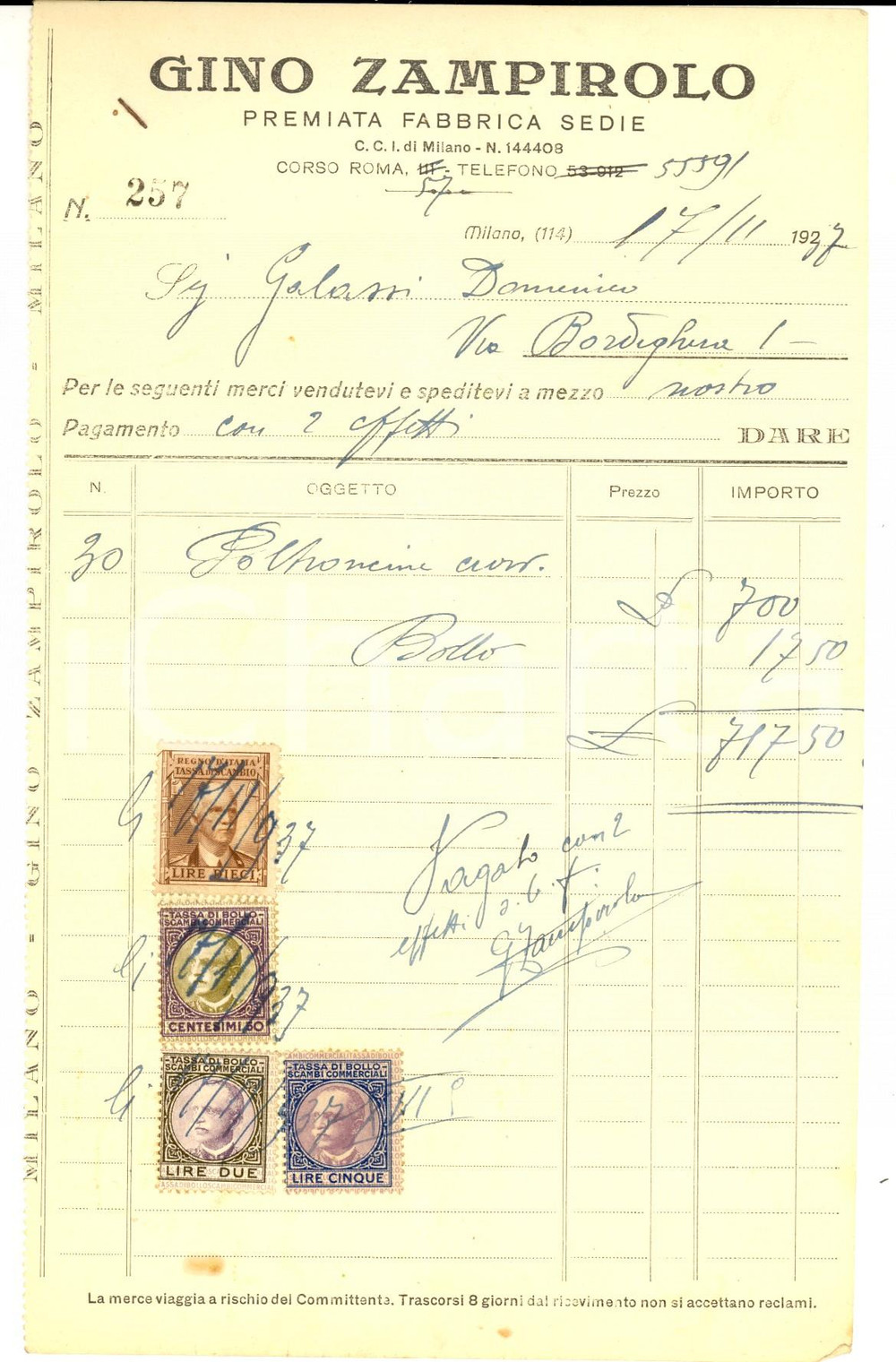 Documento originale, autentico 1937 MILANO Ditta Gino ZAMPIROLO Premiata fabbrica sedie Fattura con bolli 1