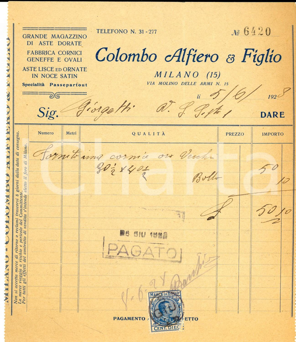 Documento originale, autentico 1928 MILANO Via Molino delle Armi 15 Alfiero COLOMBO & Figlio Cornici Fattura 1