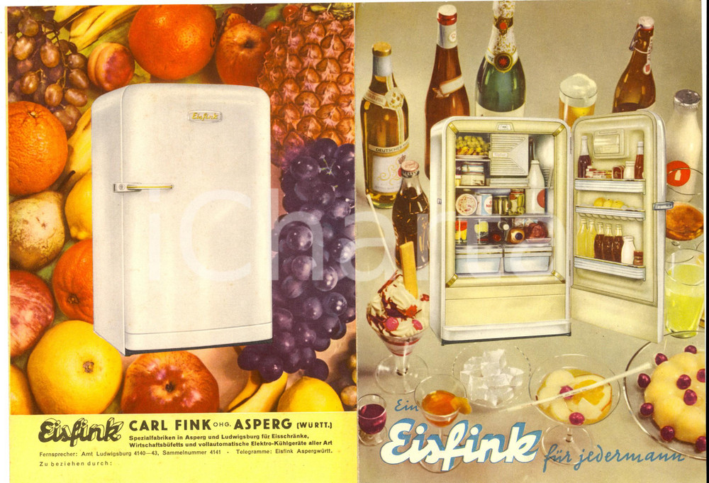 Materiale pubblicitario d’epoca 1950 ca Frigoriferi EISFINK  Volantino pubblicitario ILLUSTRATO a colori 1