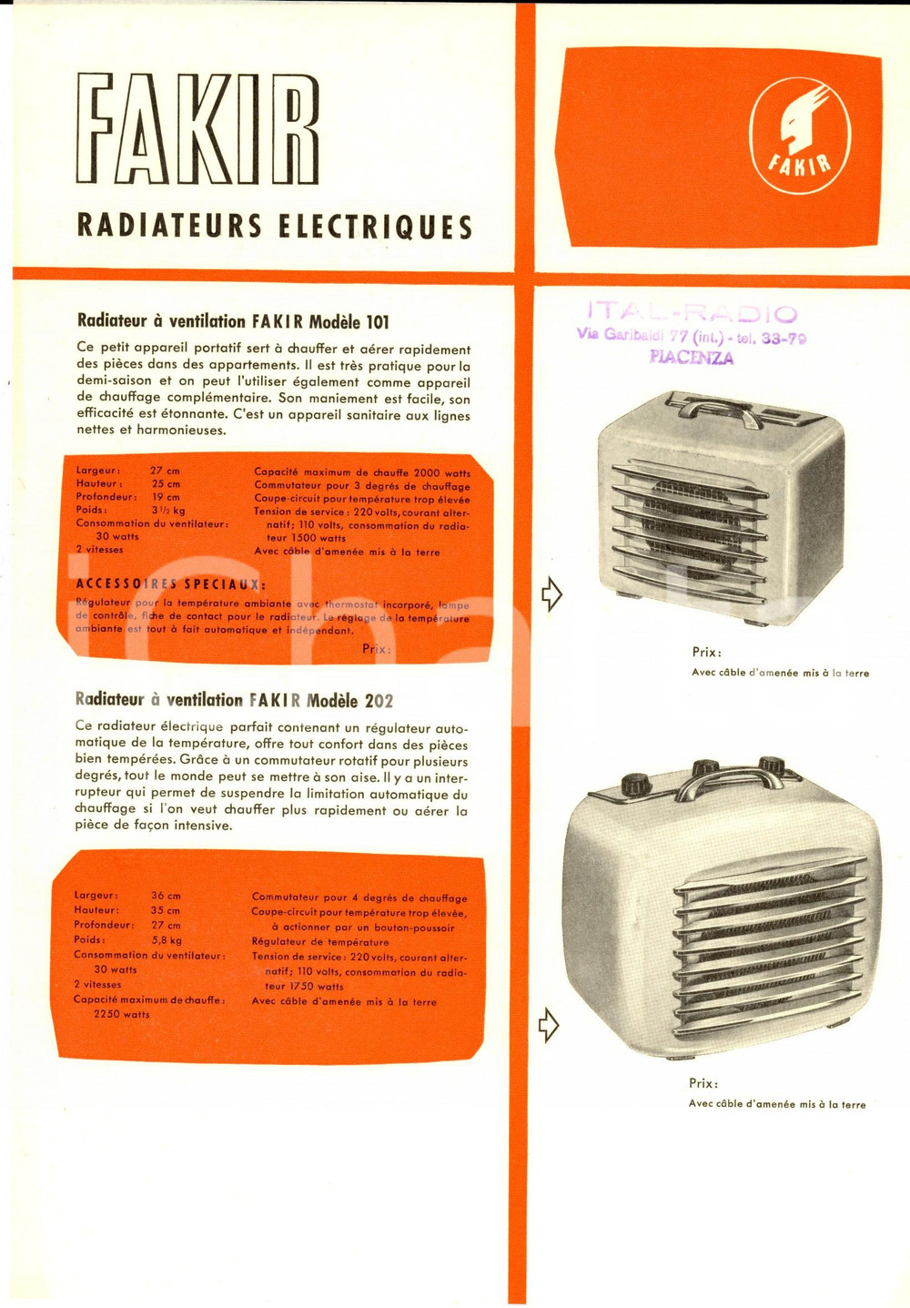 Materiale pubblicitario d’epoca 1955 ca PIACENZA ITALRADIO Volantino FAKIR radiatori elettrici Volantino 1