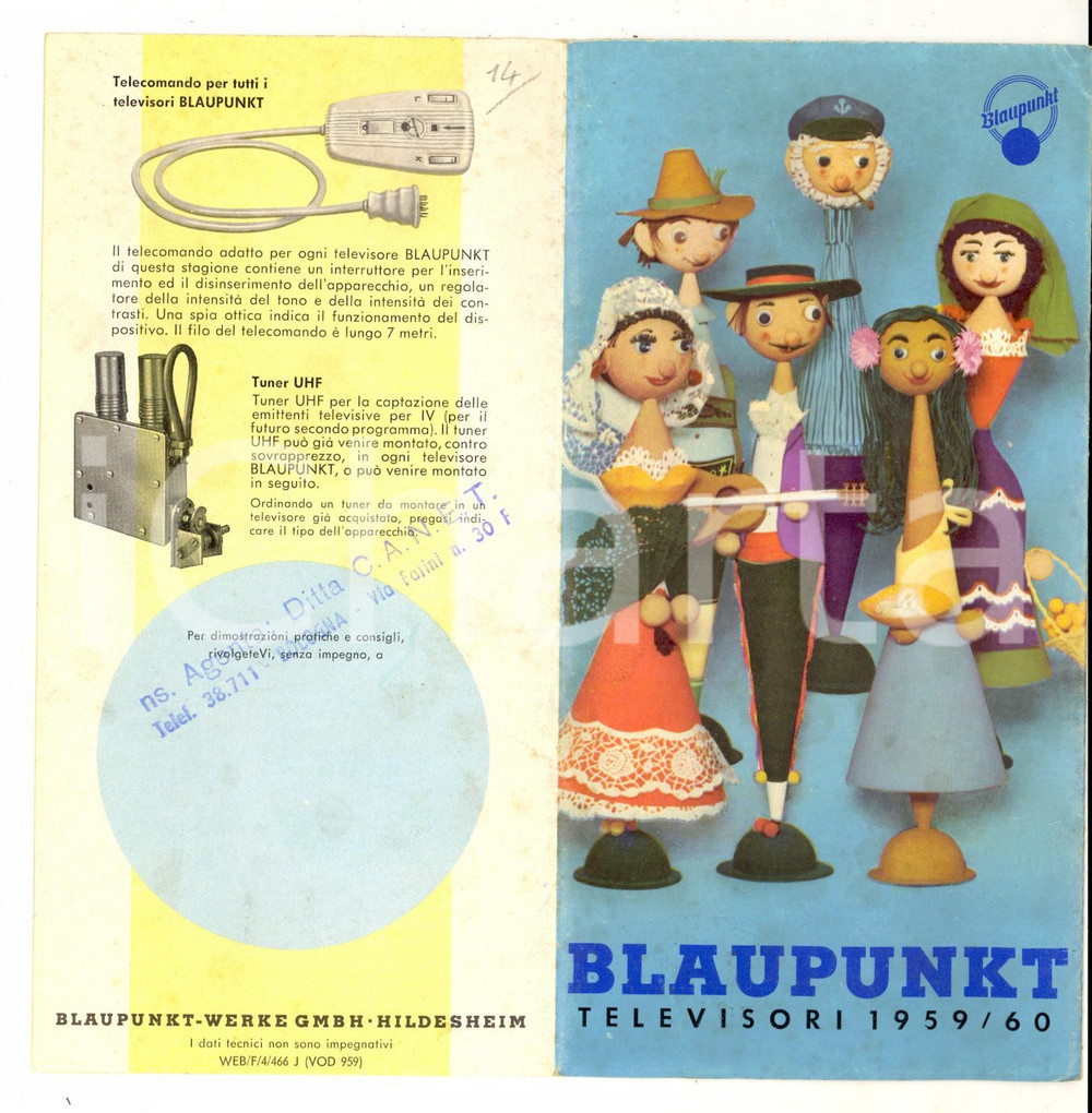 Materiale pubblicitario d’epoca 1960 MILANO Pieghevole televisori BLAUPUNKT Pubblicitario ILLUSTRATO 1