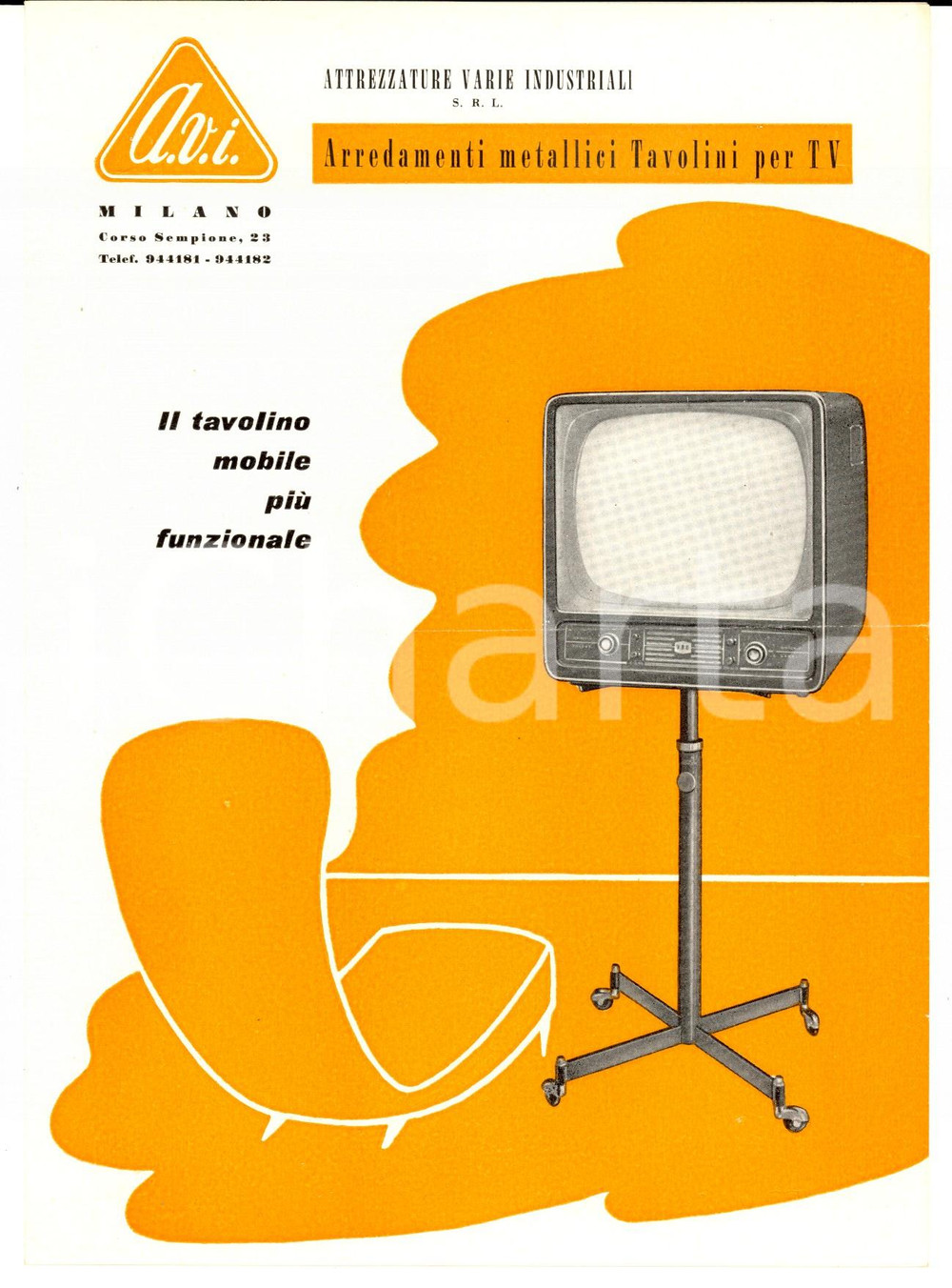 Materiale pubblicitario d’epoca 1960 ca MILANO Arredamenti metallici AVI Tavolini per tv Pieghevole ILLUSTRATO 1