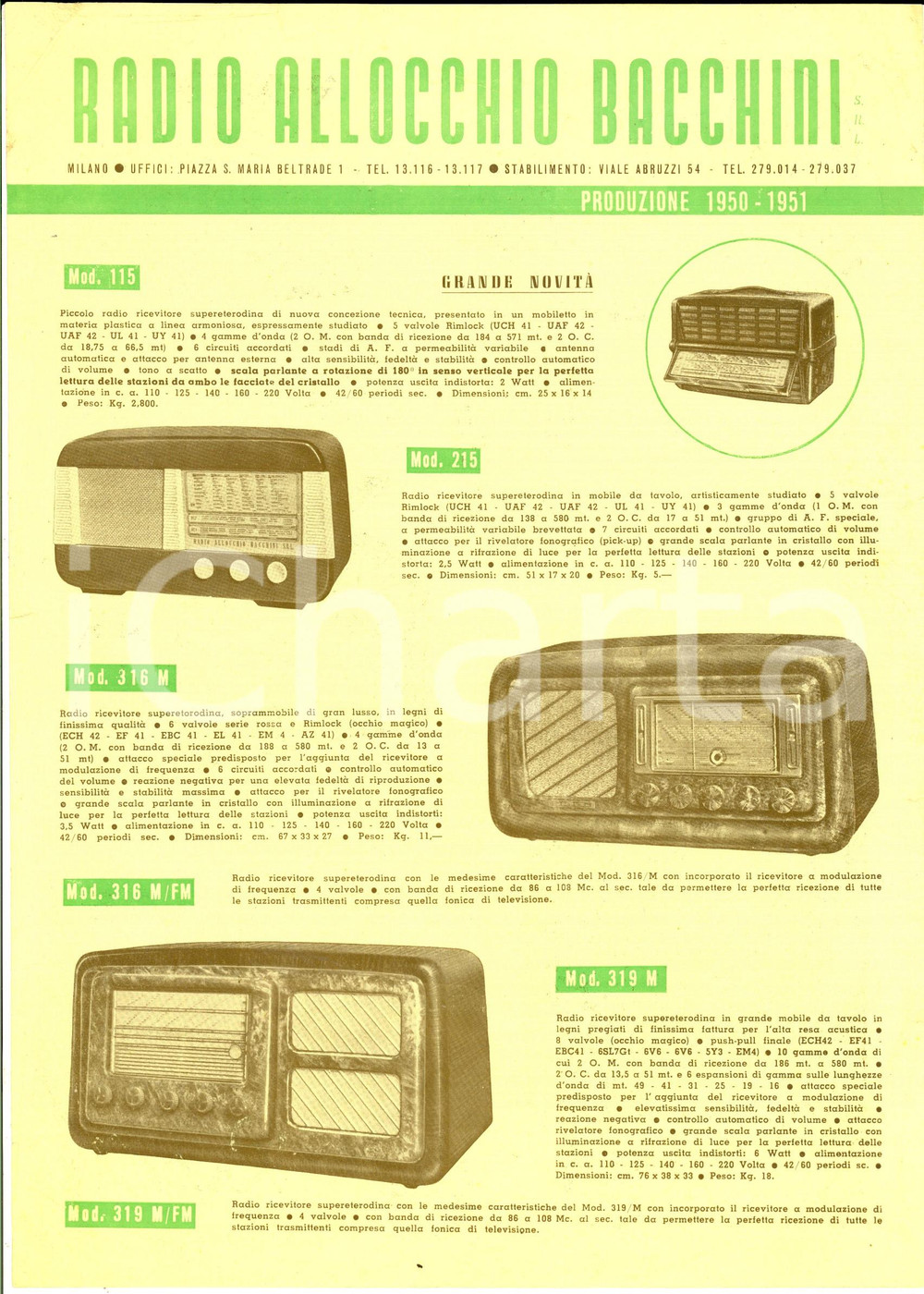 Materiale pubblicitario d’epoca 1950 MILANO Radio ALLOCCHIO BACCHINI Volantino ILLUSTRATO novitÃ  1