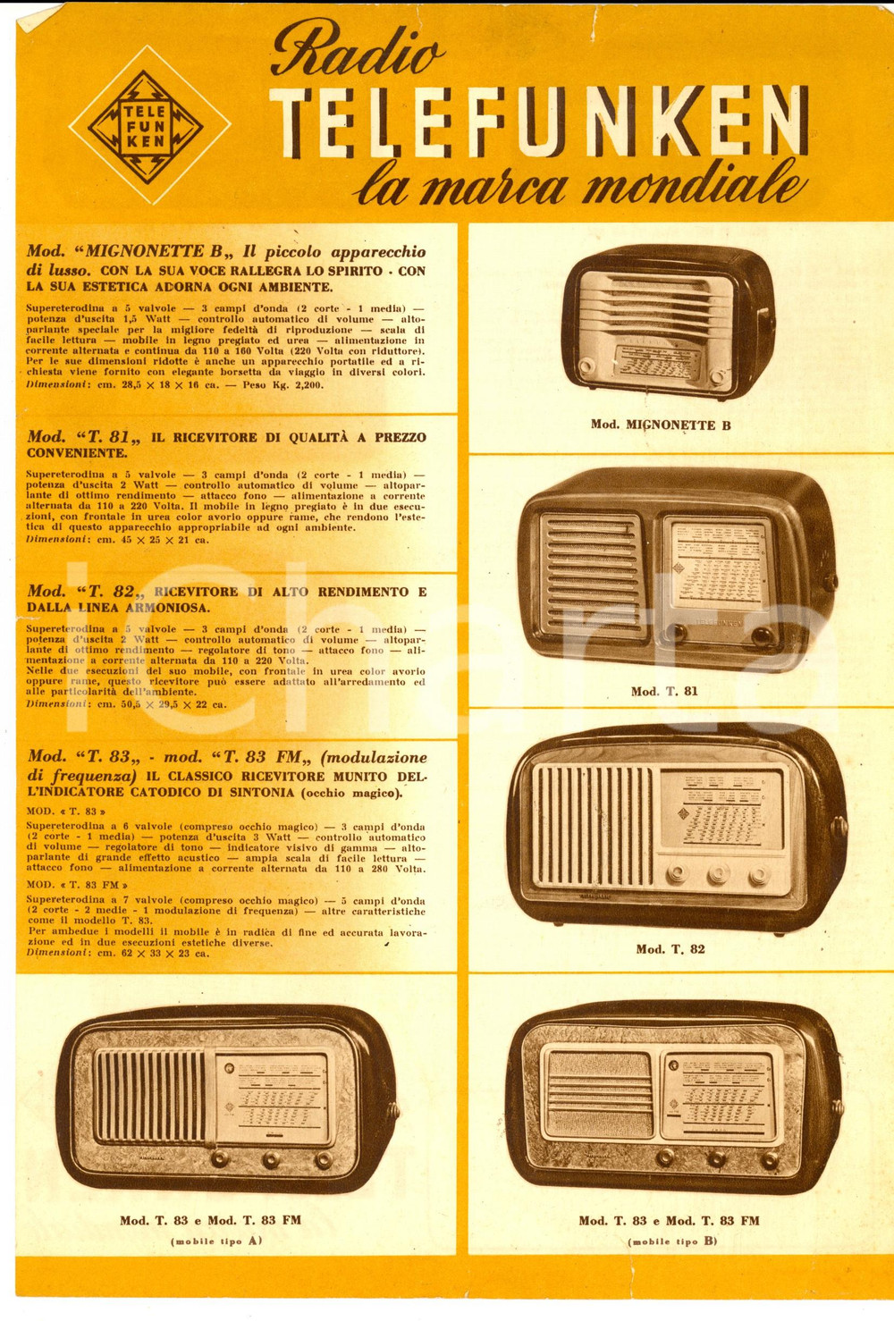Materiale pubblicitario d’epoca 1951 MILANO Radio TELEFUNKEN Volantino ILLUSTRATO nuovi modelli 1