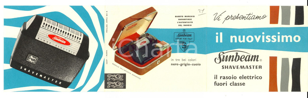 Materiale pubblicitario d’epoca 1950 ca MILANO Rasoio SUNBEAM shavemaster Pieghevole ILLUSTRATO 1