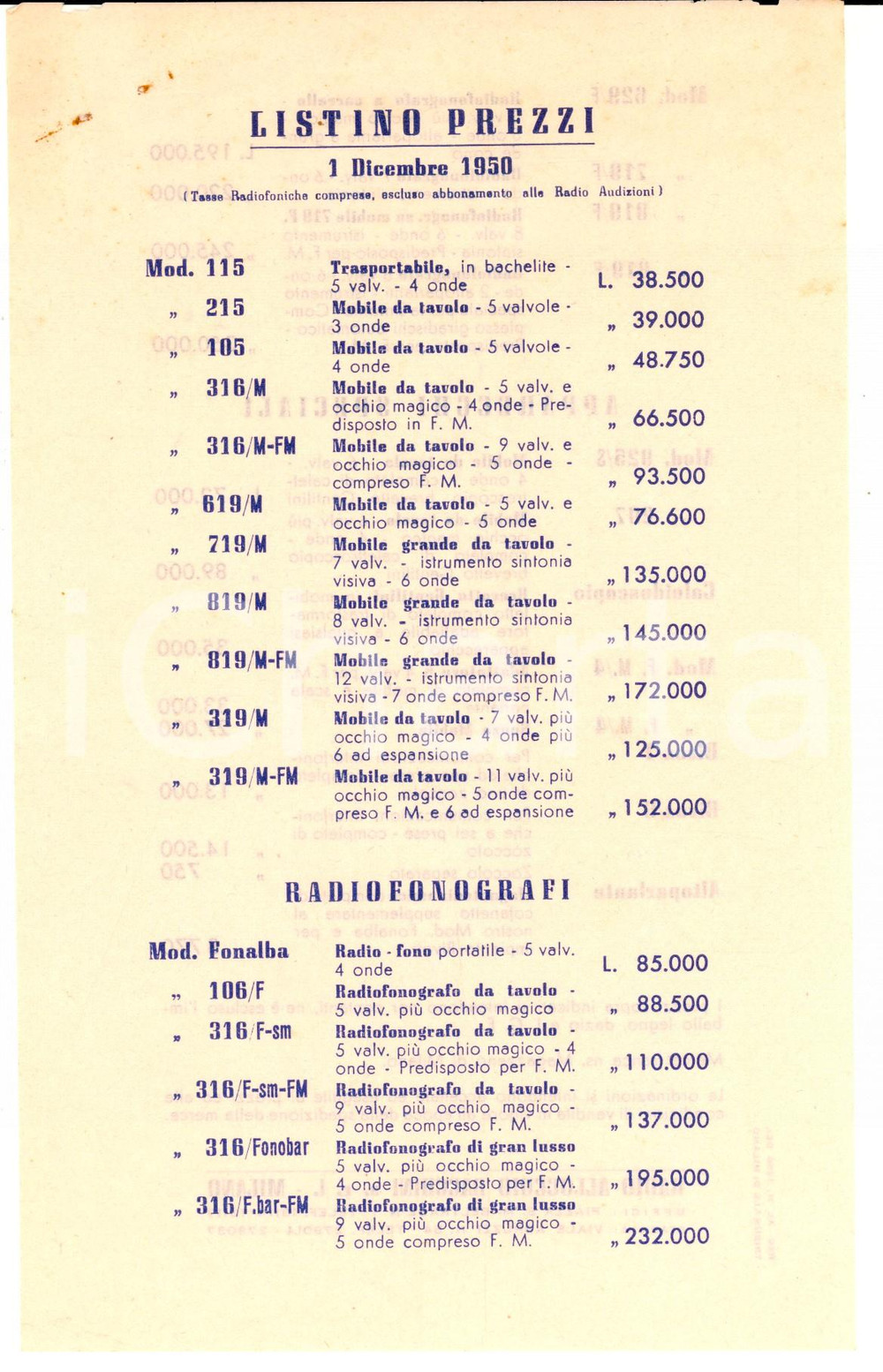 Materiale pubblicitario d’epoca 1950 MILANO Radio ALLOCCHIO BACCHINI  Listino prezzi radiofonografi 1