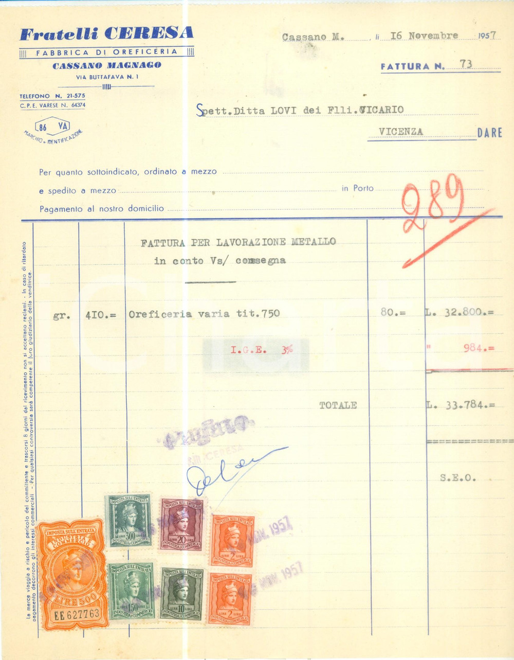 Documento originale, autentico 1957 CASSANO MAGNAGO Fratelli CERESA Fabbrica oreficeria Fattura commerciale 1