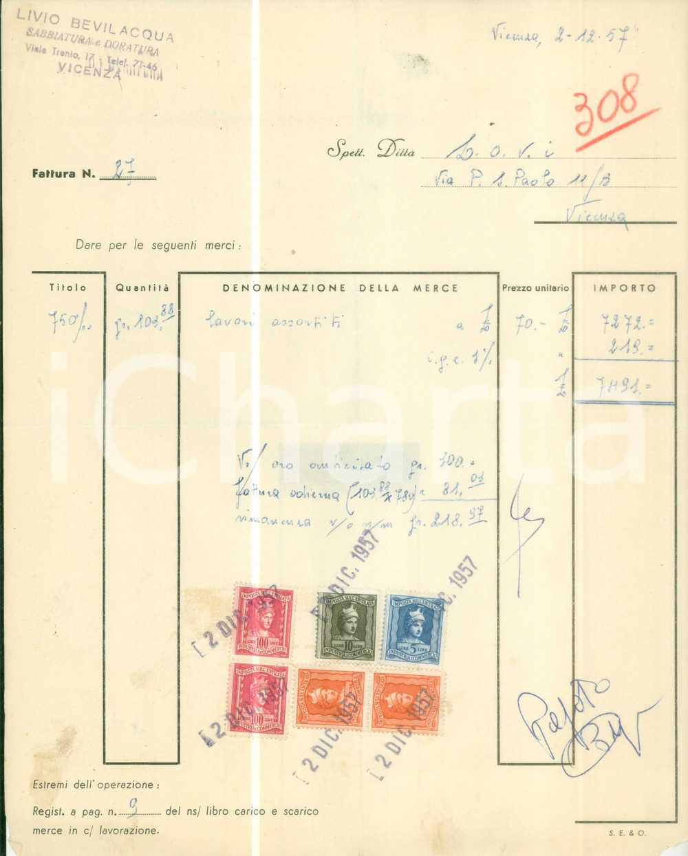 Documento originale, autentico 1957 Livio BEVILACQUA Sabbiatura e doratura Fattura commerciale 1