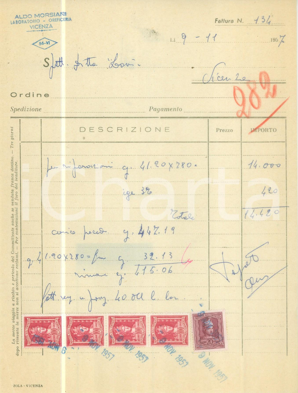 Documento originale, autentico 1957 VICENZA Aldo MORSIANI Laboratorio oreficeria Fattura commerciale 1