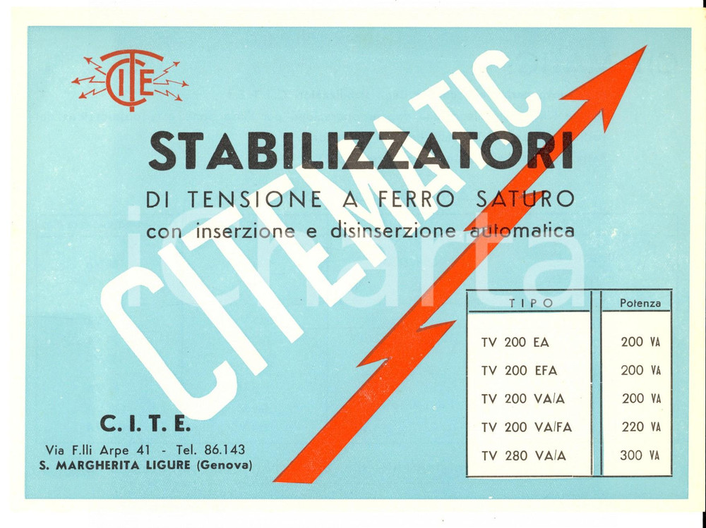 Materiale pubblicitario d’epoca 1950 ca SANTA MARGHERITA LIGURE Stabilizzatori di tensione CITEMATIC Volantino 1