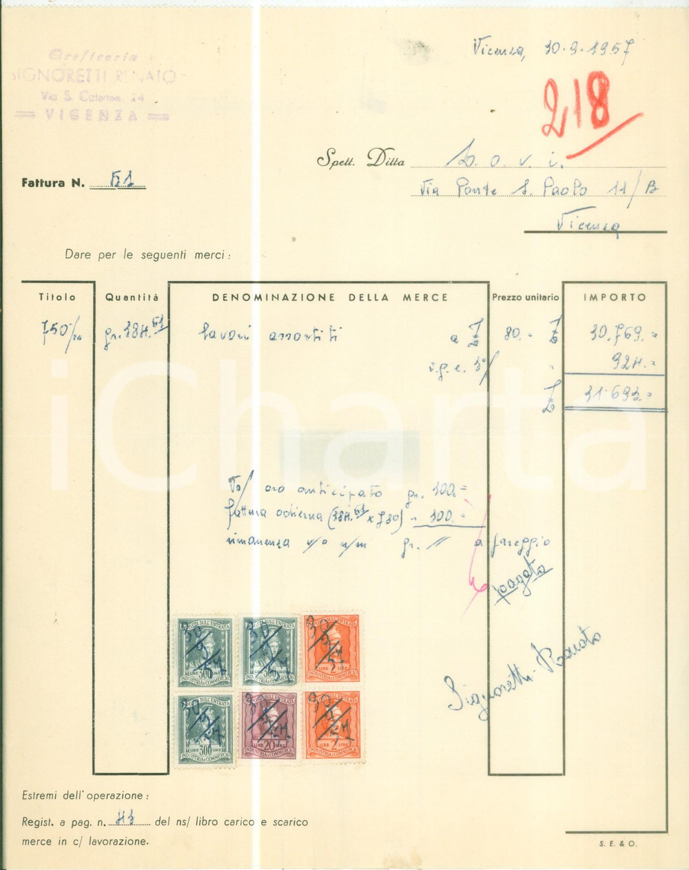 1957 VICENZA Renato SIGNORETTI Oreficeria *Fattura commerciale 1 CONDIZIONI: FAIR    originale e autentica 1