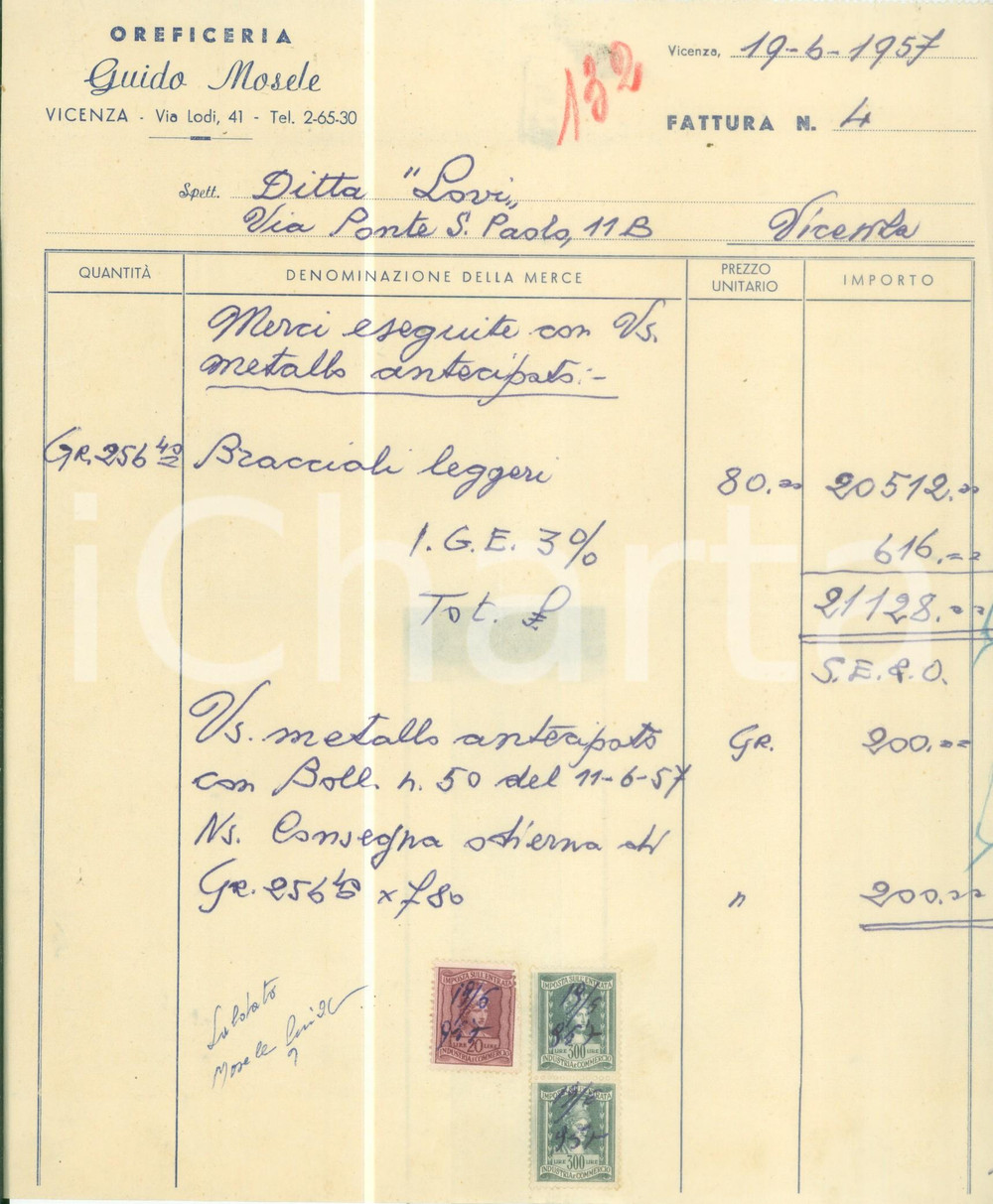 Documento originale, autentico 1957 VICENZA Oreficeria Guido MOSELE Fattura commerciale manoscritta 1